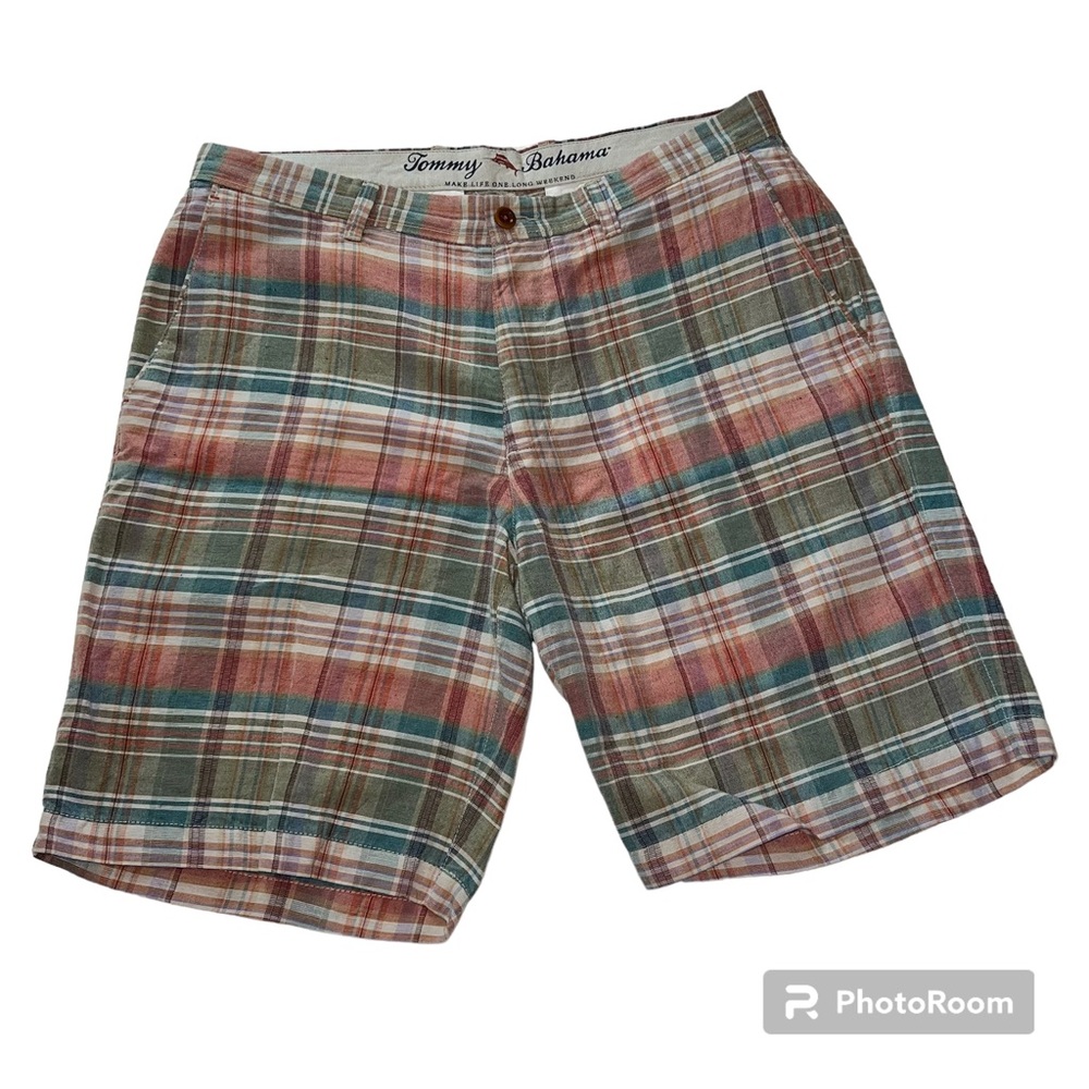 TOMMY BAHAMA Plaid Di Marmi Linen Blend Flat Front Short 34